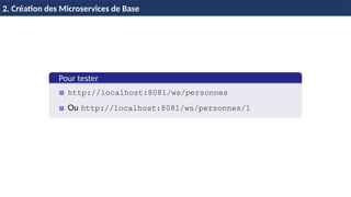 Spring Boot
Pour tester
http://localhost:8081/ws/personnes
Ou http://localhost:8081/ws/personnes/1
2. Création des Microservices de Base
 