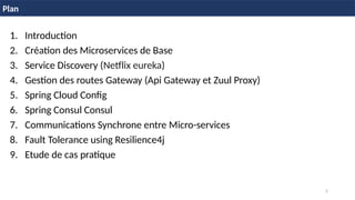 2
Plan
1. Introduction
2. Création des Microservices de Base
3. Service Discovery (Netflix eureka)
4. Gestion des routes Gateway (Api Gateway et Zuul Proxy)
5. Spring Cloud Config
6. Spring Consul Consul
7. Communications Synchrone entre Micro-services
8. Fault Tolerance using Resilience4j
9. Etude de cas pratique
 