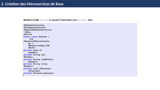 © Achref
EL
MOUELHI
©
Modifions l’entite Adresse en ajoutant l’association avec Personne dans
@NoArgsConstructor
@AllArgsConstructor
@RequiredArgsConstructor
@Data
@Entity
public class Adresse {
@Id
@GeneratedValue(strate
gy =
GenerationType.IDE
NTITY)
private Long id;
@NonNull
private String rue;
@NonNull
private String codePostal;
@NonNull
private String ville;
@NonNull
private Long idPersonne;
@Transient
private Personne personne;
}
H & H: Research and Training
2. Création des Microservices de Base
 