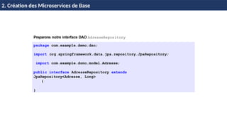 © Achref
EL
MOUELHI
©
Preparons notre interface DAO AdresseRepository
package com.example.demo.dao;
import org.springframework.data.jpa.repository.JpaRepository;
import com.example.demo.model.Adresse;
public interface AdresseRepository extends
JpaRepository<Adresse, Long>
{
}
H & H: Research and Training 24 / 45
2. Création des Microservices de Base
 