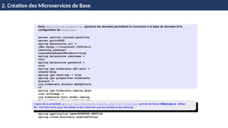 EL
MOUELHI
©
Dans application.properties, ajoutons les données permettant la connexion à la base de données et la
configuration de Hibernate
server.servlet.context-path=/ws
server.port=8082
spring.datasource.url =
jdbc:mysql://localhost:3306/micr
oservice_adresse?
createDatabaseIfNotExist=true
spring.datasource.username =
root
spring.datasource.password =
root
spring.jpa.hibernate.ddl-auto =
create-drop
spring.jpa.show-sql = true
spring.jpa.properties.hibernate.
dialect =
org.hibernate.dialect.MySQLDiale
ct
spring.jpa.hibernate.naming.phys
ical-strategy =
org.hibernate.boot.model.naming.
PhysicalNamingStrategyStandardIm
pl
# microservice
spring.application.name=ADRESSE-SERVICE
spring.cloud.discovery.enabled=false
L’ajout de la propriété spring.jpa.hibernate.naming.physical-strategy permet de forcer Hibernate à utiliser
les meˆmes noms pour les tables et les colonnes que les entités et les attributs.
H & H: Research and Training
2. Création des Microservices de Base
 