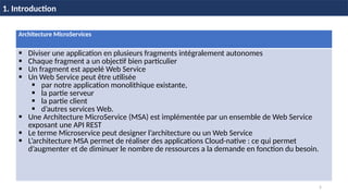 5
1. Introduction
Architecture MicroServices
 Diviser une application en plusieurs fragments intégralement autonomes
 Chaque fragment a un objectif bien particulier
 Un fragment est appelé Web Service
 Un Web Service peut être utilisée
 par notre application monolithique existante,
 la partie serveur
 la partie client
 d’autres services Web.
 Une Architecture MicroService (MSA) est implémentée par un ensemble de Web Service
exposant une API REST
 Le terme Microservice peut designer l’architecture ou un Web Service
 L’architecture MSA permet de réaliser des applications Cloud-native : ce qui permet
d’augmenter et de diminuer le nombre de ressources a la demande en fonction du besoin.
 