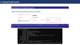 H & H: Research and Training 57 / 45
6. Spring Cloud Consul
Download et install consul.io
Ouvrez l’invite du commande dans le rep d’installation et lancez la commande : consul.exe
agent -dev
https://developer.hashicorp.com/consul/install
 