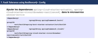 79
37 / 45
Ajouter les dependances spring-cloud-starter-actuator, spring-
cloud-starter-circuitbreaker-resilience4j dans le microservice
adresse-service
<dependency>
<groupId>org.springframework.boot</
groupId>
<artifactId>spring-boot-starter-actuator</artifactId>
</dependency>
<dependency> <groupId>org.springframework.cloud</
groupId>
<artifactId>spring-cloud-starter-circuitbreaker-
resilience4j</artifactId>
</dependency>
7. Fault Tolerance using Resilience4j- Config
 