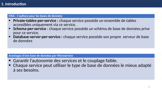 8
1. Introduction
MSA : 3 options pour les bases de données
 Private-tables-per-service : chaque service possède un ensemble de tables
accessibles uniquement via ce service.
 Schema-per-service : chaque service possède un schéma de base de données prive
pour ce service.
 Database-server-per-service : chaque service possède son propre serveur de base
de données
Avantages d’une base de données par Microservice
 Garantir l’autonomie des services et le couplage faible.
 Chaque service peut utiliser le type de base de données le mieux adapté
à ses besoins.
 