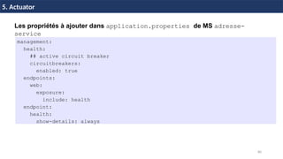 80
37 / 45
5. Actuator
Les propriétés à ajouter dans application.properties de MS adresse-
service
management:
health:
## active circuit breaker
circuitbreakers:
enabled: true
endpoints:
web:
exposure:
include: health
endpoint:
health:
show-details: always
 