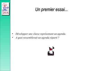 Un premier essai...
Un premier essai...
• Développer une classe représentant un agenda.
• A quoi ressemblerait un agenda réparti ?
 