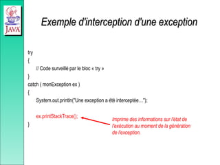 Exemple d'interception d'une exception
Exemple d'interception d'une exception
try
{
// Code surveillé par le bloc « try »
}
catch ( monException ex )
{
System.out.println("Une exception a été interceptée…");
ex.printStackTrace();
}
Imprime des informations sur l'état de
l'exécution au moment de la génération
de l'exception.
 