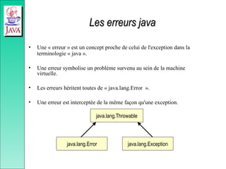 Les erreurs java
Les erreurs java
• Une « erreur » est un concept proche de celui de l'exception dans la
terminologie « java ».
• Une erreur symbolise un problème survenu au sein de la machine
virtuelle.
• Les erreurs héritent toutes de « java.lang.Error ».
• Une erreur est interceptée de la même façon qu'une exception.
java.lang.Throwable
java.lang.Exception
java.lang.Error
 