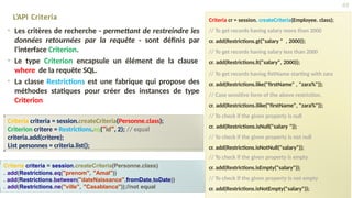 Criteria criteria = session.createCriteria(Personne.class);
Criterion critere = Restrictions.eq("id", 2); // equal
criteria.add(critere);
List personnes = criteria.list();
L’API Criteria
• Les critères de recherche - permettant de restreindre les
données retournées par la requête - sont définis par
l'interface Criterion.
• Le type Criterion encapsule un élément de la clause
where de la requête SQL.
• La classe Restrictions est une fabrique qui propose des
méthodes statiques pour créer des instances de type
Criterion
Criteria criteria = session.createCriteria(Personne.class)
. add(Restrictions.eq("prenom", "Amal"))
. add(Restrictions.between("dateNaissance",fromDate,toDate))
. add(Restrictions.ne("ville", "Casablanca"));//not equal
Criteria cr = session. createCriteria(Employee. class);
// To get records having salary more than 2000
cr. add(Restrictions.gt("salary " , 2000));
// To get records having salary less than 2000
cr. add(Restrictions.lt("salary", 2000));
// To get records having fistName starting with zara
cr. add(Restrictions.like("firstName" , "zara%"));
// Case sensitive form of the above restriction.
cr. add(Restrictions.ilike("firstName", "zara%"));
// To check if the given property is null
cr. add(Restrictions.isNull("salary "));
// To check if the given property is not null
cr. add(Restrictions.isNotNull("salary"));
// To check if the given property is empty
cr. add(Restrictions.isEmpty("salary"));
// To check if the given property is not empty
cr. add(Restrictions.isNotEmpty("salary"));
49
 