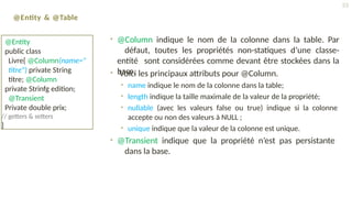 @Entity & @Table
• @Column indique le nom de la colonne dans la table. Par
défaut, toutes les propriétés non-statiques d’une classe-
entité sont considérées comme devant être stockées dans la
base.
• Voici les principaux attributs pour @Column.
• name indique le nom de la colonne dans la table;
• length indique la taille maximale de la valeur de la propriété;
• nullable (avec les valeurs false ou true) indique si la colonne
accepte ou non des valeurs à NULL ;
• unique indique que la valeur de la colonne est unique.
• @Transient indique que la propriété n’est pas persistante
dans la base.
@Entity
public class
Livre{ @Column(name="
titre") private String
titre; @Column
private Strinfg edition;
@Transient
Private double prix;
// getters & setters
}
55
 