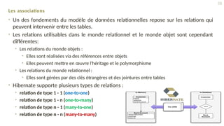 Les associations
• Un des fondements du modèle de données relationnelles repose sur les relations qui
peuvent intervenir entre les tables.
• Les relations utilisables dans le monde relationnel et le monde objet sont cependant
différentes:
• Les relations du monde objets :
• Elles sont réalisées via des références entre objets
• Elles peuvent mettre en œuvre l'héritage et le polymorphisme
• Les relations du monde relationnel :
• Elles sont gérées par des clés étrangères et des jointures entre tables
• Hibernate supporte plusieurs types de relations :
• relation de type 1 - 1 (one-to-one)
• relation de type 1 - n (one-to-many)
• relation de type n - 1 (many-to-one)
• relation de type n - n (many-to-many)
58
 