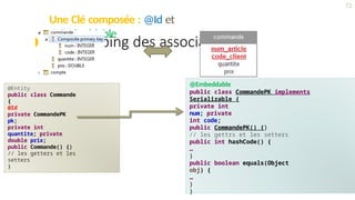 Une Clé composée : @Id et
@Embeddable
72
 Le mapping des associations
@Entity
public class Commande
{
@Id
private CommandePK
pk;
private int
quantite; private
double prix;
public Commande() {}
// les getters et les
setters
}
@Embeddable
public class CommandePK implements
Serializable {
private int
num; private
int code;
public CommandePK() {}
// les gettrs et les setters
public int hashCode() {
…
}
public boolean equals(Object
obj) {
…
}
}
 