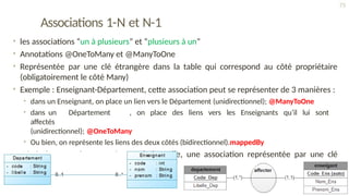 Associations 1-N et N-1
• les associations “un à plusieurs” et “plusieurs à un”
• Annotations @OneToMany et @ManyToOne
• Représentée par une clé étrangère dans la table qui correspond au côté propriétaire
(obligatoirement le côté Many)
• Exemple : Enseignant-Département, cette association peut se représenter de 3 manières :
• dans un Enseignant, on place un lien vers le Département (unidirectionnel); @ManyToOne
• dans un Département , on place des liens vers les Enseignants qu’il lui sont
affectés
(unidirectionnel); @OneToMany
• Ou bien, on représente les liens des deux côtés (bidirectionnel).mappedBy
• Généralement, dans une base relationnelle, une association représentée par une clé
étrangère est par nature bidirectionnelle
75
 