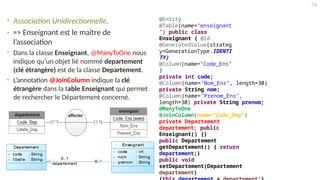 • Association Unidirectionnelle.
• => Enseignant est le maître de
l’association
• Dans la classe Enseignant, @ManyToOne nous
indique qu’un objet lié nommé departement
(clé étrangère) est de la classe Departement.
• L’annotation @JoinColumn indique la clé
étrangère dans la table Enseignant qui permet
de rechercher le Département concerné.
@Entity
@Table(name="enseignant
") public class
Enseignant { @Id
@GeneratedValue(strateg
y=GenerationType.IDENTI
TY)
@Column(name="Code_Ens"
)
private int code;
@Column(name="Nom_Ens", length=30)
private String nom;
@Column(name="Prenom_Ens",
length=30) private String prenom;
@ManyToOne
@JoinColumn(name="Code_Dep")
private Departement
departement; public
Enseignant() {}
public Departement
getDepartement() { return
departement;}
public void
setDepartement(Departement
departement)
76
 