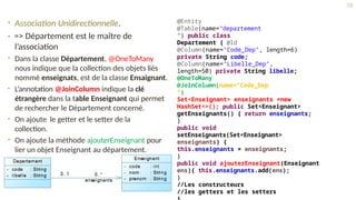 • Association Unidirectionnelle.
• => Département est le maître de
l’association
• Dans la classe Département, @OneToMany
nous indique que la collection des objets liés
nommé enseignats, est de la classe Ensaignant.
• L’annotation @JoinColumn indique la clé
étrangère dans la table Enseignant qui permet
de rechercher le Département concerné.
• On ajoute le getter et le setter de la
collection.
• On ajoute la méthode ajouterEnseignant pour
lier un objet Enseignant au département.
@Entity
@Table(name="departement
") public class
Departement { @Id
@Column(name="Code_Dep", length=6)
private String code;
@Column(name="Libelle_Dep",
length=50) private String libelle;
@OneToMany
@JoinColumn(name="Code_Dep
")
Set<Enseignant> enseignants =new
HashSet<>(); public Set<Enseignant>
getEnseignants() { return enseignants;
}
public void
setEnseignants(Set<Enseignant>
enseignants) {
this.enseignants = enseignants;
}
public void ajouterEnseignant(Enseignant
ens){ this.enseignants.add(ens);
}
//Les constructeurs
//les getters et les setters
78
 