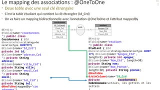• Deux table avec une seul clé étrangère
• C’est la table étudiant qui contient la clé étrangère (Id_Crd)
• On va faire un mapping bidirectionnelle avec l’annotation @OneToOne et l’attribut mappedBy
@Entity
@Table(name="etudiant
") public class
Etudiant { @Id
@GeneratedValue(strategy=GenerationType.IDENT
ITY) @Column(name="Apogee_Etd",
length=5) private int apogee;
@Column(name="Nom_Etd", length=30)
private String nom;
@Column(name="Nom_Prenom",
length=30) private String prenom;
@OneToOne
@JoinColumn(name="Id_Crd
")
private
Coordonnees
coordonnees;
//les constructeurs, les getters et les
setters
@Entity
@Table(name="coordonnees
") public class
Coordonnees { @Id
@GeneratedValue(strategy=Ge
nerationType.IDENTITY)
@Column(name="Id_Crd")
private int id;
@Column(name="adresse_Crd
") private String
adresse;
@Column(name="ville_Crd")
private String ville;
@Column(name="email_Crd
") private String
email;
@Column(name="tel_Crd")
private String tel;
@OneToOne(mappedBy="coo
10
2
Le mapping des associations : @OneToOne
 