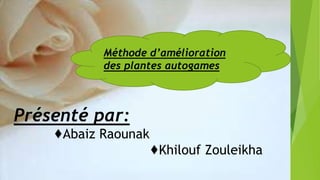 Méthode d’amélioration
des plantes autogames
Présenté par:
♦Abaiz Raounak
♦Khilouf Zouleikha
 