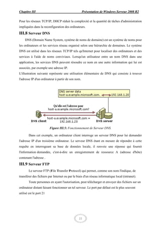 Chapitre III                                        Présentation de Windows Serveur 2008 R2

Pour les réseaux TCP/IP, DHCP réduit la complexité et la quantité de tâches d'administration
impliquées dans la reconfiguration des ordinateurs.

III.8 Serveur DNS
     DNS (Domain Name System, système de noms de domaine) est un système de noms pour
les ordinateurs et les services réseau organisé selon une hiérarchie de domaines. Le système
DNS est utilisé dans les réseaux TCP/IP tels qu'Internet pour localiser des ordinateurs et des
services à l'aide de noms conviviaux. Lorsqu'un utilisateur entre un nom DNS dans une
application, les services DNS peuvent résoudre ce nom en une autre information qui lui est
associée, par exemple une adresse IP.
L'illustration suivante représente une utilisation élémentaire de DNS qui consiste à trouver
l'adresse IP d'un ordinateur à partir de son nom.




                         Figure III.5: Fonctionnement de Serveur DNS.

        Dans cet exemple, un ordinateur client interroge un serveur DNS pour lui demander
l'adresse IP d'un troisième ordinateur. Le serveur DNS étant en mesure de répondre à cette
requête en interrogeant sa base de données locale, il renvoie une réponse qui fournit
l'information demandée, c'est-à-dire un enregistrement de ressource A (adresse d'hôte)
contenant l'adresse .

III.9 Serveur FTP
        Le serveur FTP (File Transfer Protocol) qui permet, comme son nom l'indique, de
transférer des fichiers par Internet ou par le biais d'un réseau informatique local (intranet).
        Toute personnes en ayant l'autorisation, peut télécharger et envoyer des fichiers sur un
ordinateur distant faisant fonctionner un tel serveur. Le port par défaut est le plus souvent
utilisé est le port 21




                                                22
 