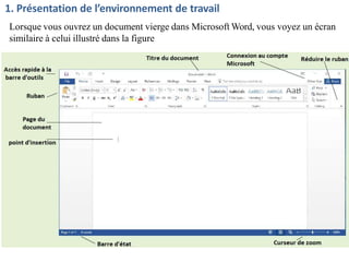 Lorsque vous ouvrez un document vierge dans Microsoft Word, vous voyez un écran
similaire à celui illustré dans la figure
1. Présentation de l’environnement de travail
 