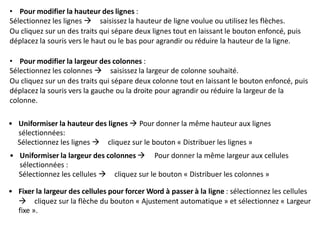 • Pour modifier la hauteur des lignes :
Sélectionnez les lignes  saisissez la hauteur de ligne voulue ou utilisez les flèches.
Ou cliquez sur un des traits qui sépare deux lignes tout en laissant le bouton enfoncé, puis
déplacez la souris vers le haut ou le bas pour agrandir ou réduire la hauteur de la ligne.
• Pour modifier la largeur des colonnes :
Sélectionnez les colonnes  saisissez la largeur de colonne souhaité.
Ou cliquez sur un des traits qui sépare deux colonne tout en laissant le bouton enfoncé, puis
déplacez la souris vers la gauche ou la droite pour agrandir ou réduire la largeur de la
colonne.
• Uniformiser la hauteur des lignes  Pour donner la même hauteur aux lignes
sélectionnées:
Sélectionnez les lignes  cliquez sur le bouton « Distribuer les lignes »
• Uniformiser la largeur des colonnes  Pour donner la même largeur aux cellules
sélectionnées :
Sélectionnez les cellules  cliquez sur le bouton « Distribuer les colonnes »
• Fixer la largeur des cellules pour forcer Word à passer à la ligne : sélectionnez les cellules
 cliquez sur la flèche du bouton « Ajustement automatique » et sélectionnez « Largeur
fixe ».
 