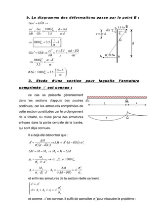 b. Le diagramme des déformations passe par le point B :
⇒≈′ BbGaaG ˆˆ
d
dd
Gb
Ga
bB
aa s
α
αξ −
=⇒=
′
5.3
1000
⇒ 





−⋅= 1
1
5.31000
α
ξs
α
δαξ
α
δαδ
′−
=
′
⇒
′−
=
′−
=
′
⇒≈′
5.3
1000
ˆˆ
s
d
dd
y
dy
bB
cc
BbGccG
d’où : 




 ′−
⋅=′
α
δα
ξ 5.31000 s
3. Etude d’une section pour laquelle l’armature3. Etude d’une section pour laquelle l’armature3. Etude d’une section pour laquelle l’armature3. Etude d’une section pour laquelle l’armature
compriméecompriméecompriméecomprimée A′ est connueest connueest connueest connue ::::
ce cas sa présente généralement
dans les sections d’appuis des poutres
continues, car les armatures comprimées de
cette section constituées par le prolongement
de la totalité, ou d’une partie des armatures
prévues dans la partie centrale de la travée,
qui sont déjà connues.
Il a déjà été démontrer que :
( )
( ) s
s
ddAM
dd
M
A σδ
δσ
′⋅′−⋅′=∆⇒
′−′
∆
=′ )
)
MMMMMM ∆−=⇒−=∆ 11
s
b db
M
ξβα
σ
µ 1000et,, 112
1
1 →
⋅⋅
=
d
M
A
s ⋅⋅
=
1
1
1
βσ
,
( ) s
s
s
A
dd
M
A
σ
σ
δσ
′
⋅=
′−
∆
=2
et enfin les armatures de la section réelle seraient :




′
′+=+=
′=′
s
s
AAAAA
AA
σ
σ
121
et comme A′ est connue, il suffit de connaître sσ ′ pour résoudre le problème :
A a
b
d
10 %o
B
c
G
sξ′dy ⋅=α
3.5 %o
dδ ′ c’
a’
L a
+
-
 