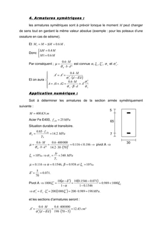 4. Armatures symétriques4. Armatures symétriques4. Armatures symétriques4. Armatures symétriques ::::
les armatures symétriques sont à prévoir lorsque le moment M peut changer
de sens tout en gardant la même valeur absolue (exemple : pour les poteaux d’une
ossature en cas de séisme).
Et MMMM 6.01 =∆−= .
Donc



=
=∆
MM
MM
6.01
4.0
Par conséquent ;
²
6.0
db
M
b ⋅⋅
⋅
=
σ
µ est connue sss σξξα ,,, ′ et sσ ′ .
Et on aura :
( )






′
′+
⋅⋅
⋅
=+=
′−⋅′
⋅
=′=′
s
s
s
s
A
d
M
AAA
dd
M
AA
σ
σ
βσ
δσ
6.0
21
4.0
Application numériqueApplication numériqueApplication numériqueApplication numérique ::::
Soit à déterminer les armatures de la section armée symétriquement
suivante :
mKNM .400=
Acier Fe E400, MPafc 2528 =
Situation durable et transitoire.
MPa
f
b
c
b 2.14
85.0 28
=
⋅
=
γ
σ
( )
→<=
⋅⋅
⋅
=
⋅⋅
⋅
= 186.0116.0
70302.14
0004006.0
²
6.0
2
db
M
bσ
µ pivot A ⇒
MPa
fe
s
ss 348%10 o ==⇒=
γ
σξ
o%10938.0,1546.0116.0 ===⇒= set ξβαµ
.071.0
70
5
==′δ
Pivot A
( ) ( )
Ls ξ
α
δα
ξ 1000989.0
1546.01
071.01546.010
1
10
1000 <=
−
−
=
−
′−
=′⇒
( ) .198989.02001000200 MPaE ssss =⋅=′=′⋅=′⇒ ξξσ
et les sections d’armatures seront :
( ) ( )
²43.12
570198
0004004.04.0
cm
dd
M
A
s
=
−⋅
⋅
=
′−′
⋅
=′
δσ
5
65
7
30
A’ = A
A
 