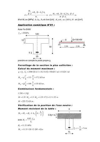 ( )
⇒
⋅−⋅+
⋅
=
s
b
n
hbb
d
M
A
σ
σ
β
00
( ) ⇒
⋅⋅
⋅⋅⋅−⋅+
=
s
bn
d
dhbbM
A
βσ
βσ 00
M et Mn en [MPa] ; b, b0,, h0 et d en [cm] ; ][:enet MPasb σσ A : en [cm²].
Application numérique N°01Application numérique N°01Application numérique N°01Application numérique N°01 ::::
Acier Fe E400
MPafc 2028 =
prendre en compte le poids propre g.
Ferraillage de la section la plus sollicitée :
Calcul du moment maximum :
( ) mlKNmlKNSg bb /5.5/5505.02.0112.02500 ==⋅+⋅⋅=⋅= γ
mKN
l
gM g .2.17
8
²5
5.5
8
2
=⋅==
mKN
l
QMQ .135
4
5
108
4
=⋅== .
Combinaison fondamentale :
QG 5.135.1 +
⇒⋅+⋅=⋅+⋅= 35.15.12.1735.15.135.1 Qg MMM
mKNM .72.225= .
Vérification de la position de l’axe neutre :
Moment résistant de la table :






−⋅⋅⋅==
2
0
00
h
dhbMM bT σ
avec
b
c
b
f
γ
σ 2885.0 ⋅
=
MPab 33.11=σ
( )⇒−⋅⋅⋅= 6451212033.11TM
20
5
12
50
120
2.50 2.50
Q=108 KNg
b0
b
0.8y= h0
. cm
h
c 5
10
==
 