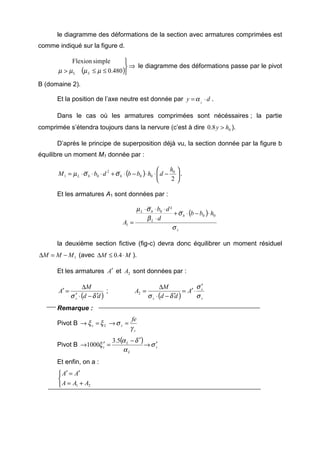 le diagramme des déformations de la section avec armatures comprimées est
comme indiqué sur la figure d.
( )
⇒



≤≤> 480.0
simpleFlexion
L µµµµ L
le diagramme des déformations passe par le pivot
B (domaine 2).
Et la position de l’axe neutre est donnée par dy L
⋅=α .
Dans le cas où les armatures comprimées sont nécéssaires ; la partie
comprimée s’étendra toujours dans la nervure (c’est à dire 08.0 hy > ).
D’après le principe de superposition déjà vu, la section donnée par la figure b
équilibre un moment M1 donnée par :
( ) 





−⋅⋅−⋅+⋅⋅⋅=
2
0
00
2
01
h
dhbbdbM bbL σσµ .
Et les armatures A1 sont données par :
( )
s
b
L
bL
hbb
d
db
A
σ
σ
β
σµ
00
0
1
²
⋅−⋅+
⋅
⋅⋅⋅
=
la deuxième section fictive (fig-c) devra donc équilibrer un moment résiduel
1MMM −=∆ (avec MM ⋅≤∆ 4.0 ).
Et les armatures A′ et 2A sont données par :
( )dd
M
A
s δσ ′−⋅′
∆
=′ ;
( ) s
s
s
A
dd
M
A
σ
σ
δσ
′
⋅′=
′−⋅
∆
=2
Remarque :
Pivot B
s
sLs
fe
γ
σξξ =→=→
Pivot B
( )
s
L
L
s σ
α
δα
ξ ′→
′−
=′→
5.3
1000
Et enfin, on a :



+=
′=′
21 AAA
AA
 