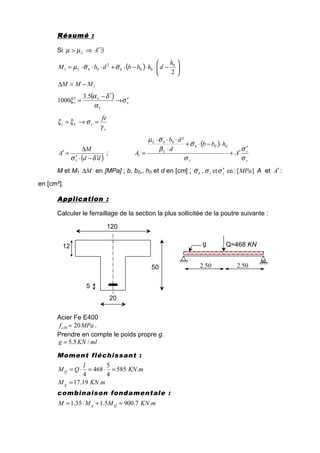 RésuméRésuméRésuméRésumé ::::
Si ∃′⇒> ALµµ
( ) 





−⋅⋅−⋅+⋅⋅⋅=
2
0
00
2
01
h
dhbbdbM bbL σσµ
1MMM −=∆
( )
s
L
L
s σ
α
δα
ξ ′→
′−
=′
5.3
1000
s
sLs
fe
γ
σξξ =→=
( )dd
M
A
s δσ ′−⋅′
∆
=′ ;
( )
s
s
s
b
L
bL
A
hbb
d
db
A
σ
σ
σ
σ
β
σµ
′
′+
⋅−⋅+
⋅
⋅⋅⋅
=
00
0
1
²
M et M1 M∆ en [MPa] ; b, b0,, h0 et d en [cm] ; ][:enet, MPassb σσσ ′ A et A′ :
en [cm²].
ApplicationApplicationApplicationApplication ::::
Calculer le ferraillage de la section la plus sollicitée de la poutre suivante :
Acier Fe E400
MPafc 2028 = .
Prendre en compte le poids propre g.
mlKNg /5.5=
Moment fléchissant :
mKN
l
QMQ .585
4
5
468
4
=⋅=⋅=
mKNM g .19.17=
combinaison fondamentale :
mKNMMM Qg .7.9005.135.1 =+⋅=
20
5
12
50
120
2.50 2.50
Q=468 KNg
 