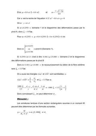 D’où ( )ααµ ⋅−⋅⋅= 4.018.0 et
8.0
211 µ
α
−−
=
Car α est la racine de l’équation 08.032.0 2
=+⋅−⋅ µαα
On a : dy ⋅=α
Si →≤ 2593.0α domaine 1 et le diagramme des déformations passe par le
pivot A, donc 10=sξ %o.
Pour →= 2593.0α ( ) 186.02593.04.012593.08.0 ≈⋅−⋅⋅=µ
Donc si





⇒
≤
≤
186.0
253.0
µ
α
ou pivot A (Domaine 1).
Si 12593.0 ≤≤α c’est à dire →≤≤ 480.0186.0 µ domaine 2 et le diagramme
des déformations passe par le pivot B
Donc si →≤≤ 480.0186.0 µ le raccourcissement du béton de la fibre extrême
sera 5.3=bξ %o.
On a aussi les triangles aaG ′ˆ et bbG ′ˆ sont semblables ⇒
b
a
b
s
G
G
bbGaaG =⇒′≈′
ξ
ξˆˆ et 5.3=bξ %o ⇒⇒⇒⇒.
⇒
−
=
⋅
⋅−
=
−
=
⋅
α
α
α
αξ 1
5.3
1000
d
dd
y
yds






−⋅=⋅ 1
1
5.31000
α
ξs .
Donc connaissant sξ , on peut déterminer sσ .
RésuméRésuméRésuméRésumé ::::
Les armatures tendues d’une section rectangulaire soumise à un moment M
peuvent être déterminer par les formules suivantes.
ss
b db
M
σξβα
σ
µ et1000,,2
⇒
⋅⋅
=
 
