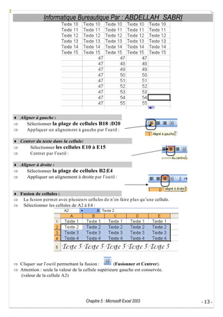 Informatique Bureautique Par : ABDELLAH SABRI

Aligner à gauche :
Sélectionner la plage de cellules B18 :D20
Ap p liqu er u n alignem ent à gau che p ar l ou til :
Centrer du texte dans la cellule:
Sélectionner les cellules E10 à E15
Centrer p ar l ou til :
Aligner à droite :
Sélectionner la plage de cellules B2:E4
Appliquer un alignement à droite p ar l ou til :

Fusion de cellules :
La fu sion p erm et avec p lu sieu rs cellu les d e n en faire p lu s qu u ne cellule.
Sélectionner les cellules de A2 à E4 :

Cliquer sur l ou til permettant la fusion :
(Fusionner et Centrer).
Attention : seule la valeur de la cellule supérieure gauche est conservée.
(valeur de la cellule A2)

Chapitre 5 : Microsoft Excel 2003

- 13 -

 