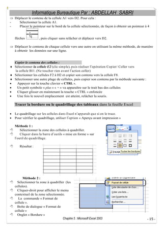 Informatique Bureautique Par : ABDELLAH SABRI
-

Déplacer le contenu de la cellule A1 vers D2. Pour cela :
Sélectionner la cellule A1.
Placer le pointeur sur le bord de la cellule sélectionnée, de façon à obtenir un pointeur à 4

flèches

, puis cliquer sans relâcher et déplacer vers D2.

Déplacer le contenu de chaque cellule vers une autre en utilisant la même méthode, de manière
à obtenir les données sur une ligne.

Copier le contenu des cellules :
Sélectionner la cellule E2 (clic sim p le), p u is réaliser l op ération Cop ier/ Coller vers
la cellu le B11. (N e tou cher rien avant l action coller)
Sélectionner les cellules F2 à H2 et copier son contenu vers la cellule F8.
Sélectionner une autre plage de cellules, puis copier son contenu par la méthode suivante :
Appuyer sur la touche clavier « CTRL ».
Un petit symbole « plus » « + » va apparaître sur le trait bas des cellules
Cliquer glisser en maintenant la touche « CTRL » enfoncée
Une fois le nouvel emplacement est atteint, relâcher la souris.

Tracer la bordure ou le quadrillage des tableaux dans la feuille Excel
Le quadrillage su r les cellu les d ans Excel n ap p araît qu e si on le trace.
Pour vérifier le quadrillage, utiliser l op tion « Aperçu avant impression »
Méthode 1 :
Sélectionner la zone des cellules à quadriller.
Cliqu er d ans la barre d ou tils « mise en forme » sur
l ou til d e qu ad rillage.
Résultat :

Méthode 2 :
Sélectionner la zone à quadriller (les
cellules).
Cliquer-droit pour afficher le menu
contextuel de la zone sélectionnée.
La commande « Format de
cellule ».
Boîte de dialogue « Format de
cellule »
Onglet « Bordure »
Chapitre 5 : Microsoft Excel 2003

- 15 -

 