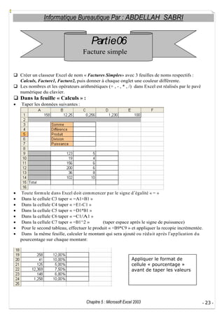 Informatique Bureautique Par : ABDELLAH SABRI

Partie06
Facture simple

Créer un classeur Excel de nom « Factures Simples» avec 3 feuilles de noms respectifs :
Calculs, Facture1, Facture2, puis donner à chaque onglet une couleur différente.
Les nombres et les opérateurs arithmétiques (+ , - , * , /) dans Excel est réalisés par le pavé
numérique du clavier.

Dans la feuille « Calculs » :
Taper les données suivantes :

Tou te form u le d ans Excel d oit com m encer par le signe d égalité « = »
Dans le cellule C3 taper « =A1+B1 »
Dans la cellule C4 taper « =E1-C1 »
Dans la cellule C5 taper « =D1*B1 »
Dans la cellule C6 taper « =C1/A1 »
Dans la cellule C7 taper « =B1^2 »
(taper espace après le signe de puissance)
Pour le second tableau, effectuer le produit « =B9*C9 » et appliquer la recopie incrémentée.
Dans la même feuille, calculer le montant qui sera ajouté ou réd u it ap rès l ap p lication d u
pourcentage sur chaque montant:

Appliquer le format de
cellule « pourcentage »
avant de taper les valeurs

Chapitre 5 : Microsoft Excel 2003

- 23 -

 