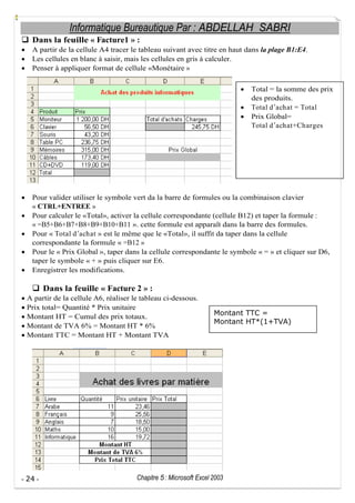 Informatique Bureautique Par : ABDELLAH SABRI
Dans la feuille « Facture1 » :
A partir de la cellule A4 tracer le tableau suivant avec titre en haut dans la plage B1:E4.
Les cellules en blanc à saisir, mais les cellules en gris à calculer.
Penser à appliquer format de cellule «Monétaire »
Total = la somme des prix
des produits.
Total d achat = Total
Prix Global=
Total d achat+Charges

Pour valider utiliser le symbole vert da la barre de formules ou la combinaison clavier
« CTRL+ENTREE »
Pour calculer le «Total», activer la cellule correspondante (cellule B12) et taper la formule :
« =B5+B6+B7+B8+B9+B10+B11 ». cette formule est apparaît dans la barre des formules.
Pour « Total d achat » est le même que le «Total», il suffit da taper dans la cellule
correspondante la formule « =B12 »
Pour le « Prix Global », taper dans la cellule correspondante le symbole « = » et cliquer sur D6,
taper le symbole « + » puis cliquer sur E6.
Enregistrer les modifications.

Dans la feuille « Facture 2 » :
A partir de la cellule A6, réaliser le tableau ci-dessous.
Prix total= Quantité * Prix unitaire
Montant HT = Cumul des prix totaux.
Montant de TVA 6% = Montant HT * 6%
Montant TTC = Montant HT + Montant TVA

- 24 -

Montant TTC =
Montant HT*(1+TVA)

Chapitre 5 : Microsoft Excel 2003

 