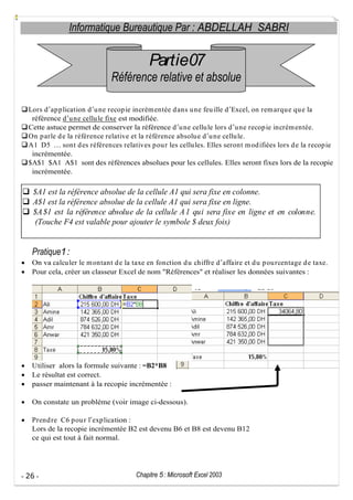 Informatique Bureautique Par : ABDELLAH SABRI

Partie07
Référence relative et absolue
Lors d ap p lication d u ne recop ie incrém entée d ans u ne feu ille d Excel, on rem arqu e qu e la
référence d u ne cellu le fixe est modifiée.
Cette astuce permet de conserver la référence d u ne cellu le lors d u ne recop ie incrém entée.
On p arle d e la référence relative et la référence absolu e d u ne cellu le.
A1 D5
sont d es références relatives p ou r les cellu les. Elles seront m od ifiées lors d e la recop ie
incrémentée.
$A$1 $A1 A$1 sont des références absolues pour les cellules. Elles seront fixes lors de la recopie
incrémentée.

$A1 est la référence absolue de la cellule A1 qui sera fixe en colonne.
A$1 est la référence absolue de la cellule A1 qui sera fixe en ligne.
$A $1 est la référence absolue de la cellule A 1 qui sera fixe en ligne et en colonne.
(Touche F4 est valable pour ajouter le symbole $ deux fois)

Pratique1 :
On va calcu ler le m ontant d e la taxe en fonction d u chiffre d affaire et d u p ou rcentage d e taxe.
Pour cela, créer un classeur Excel de nom "Références" et réaliser les données suivantes :

Utiliser alors la formule suivante : =B2*B8
Le résultat est correct.
passer maintenant à la recopie incrémentée :
On constate un problème (voir image ci-dessous).
Prend re C6 p ou r l exp lication :
Lors de la recopie incrémentée B2 est devenu B6 et B8 est devenu B12
ce qui est tout à fait normal.

- 26 -

Chapitre 5 : Microsoft Excel 2003

 