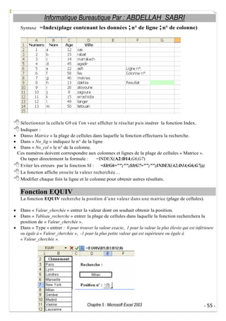 Informatique Bureautique Par : ABDELLAH SABRI
Syntaxe =Index(plage contenant les données

; n° de ligne ; n° de colonne)

Sélectionner la cellu le G9 où l on veu t afficher le résu ltat p u is insérer la fonction Index.
Indiquer :
Dans« Matrice » la plage de cellules dans laquelle la fonction effectuera la recherche.
Dans « No_lig » indiquez le n° de la ligne
Dans « No_col » le n° de la colonne.
Ces numéros doivent correspondre aux colonnes et lignes de la plage de cellules « Matrice ».
Ou taper directement la formule :
=INDEX(A2:D14;G6;G7)
Eviter les erreurs par la fonction SI : =SI(G6="";"";SI(G7="";"";INDEX(A2:D14;G6;G7)))
La fonction affiche ensu ite la valeu r recherchée
Modifier chaque fois la ligne et le colonne pour obtenir autres résultats.

Fonction EQUIV
La fonction EQUIV recherche la p osition d u ne valeu r d ans u ne m atrice (plage de cellules).
Dans « Valeur_cherchée » entrer la valeur dont on souhait obtenir la position.
Dans « Tableau_recherche » entrer la plage de cellules dans laquelle la fonction recherchera la
position de « Valeur_cherchée ».
Dans « Type » entrer : 0 pour trouver la valeur exacte, 1 pour la valeur la plus élevée qui est inférieure
ou égale à « Valeur_cherchée », -1 pour la plus petite valeur qui est supérieure ou égale à
« Valeur_cherchée ».

Chapitre 5 : Microsoft Excel 2003

- 55 -

 