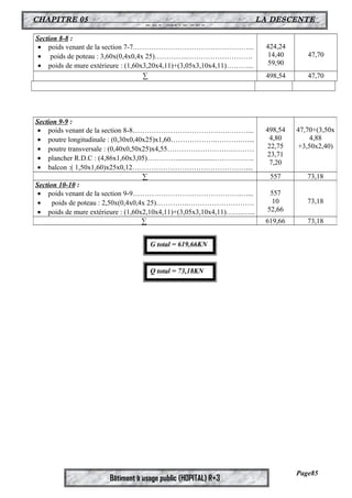 CHAPITRE 05 LA DESCENTE 
DES CHARGES 
Section 8-8 : 
· poids venant de la section 7-7.…………………………………………... 
· poids de poteau : 3,60x(0,4x0,4x 25)…………..………………………. 
· poids de mure extérieure : (1,60x3,20x4,11)+(3,05x3,10x4,11)………... 
Bâtiment à usage public (HOPITAL) R+3 
424,24 
14,40 
59,90 
47,70 
Σ 498,54 47,70 
Section 9-9 : 
· poids venant de la section 8-8………………………………….………... 
· poutre longitudinale : (0,30x0,40x25)x1,60………………..……….….... 
· poutre transversale : (0,40x0,50x25)x4,55……………………….……… 
· plancher R.D.C : (4,86x1,60x3,05)…………......................…………….. 
· balcon :( 1,50x1,60)x25x0,12………………………………………….... 
498,54 
4,80 
22,75 
23,71 
7,20 
47,70+(3,50x 
4,88 
+3,50x2,40) 
Σ 557 73,18 
Section 10-10 : 
· poids venant de la section 9-9……………………………………….…... 
· poids de poteau : 2,50x(0,4x0,4x 25)…………..………………………. 
· poids de mure extérieure : (1,60x2,10x4,11)+(3,05x3,10x4,11)…….…... 
557 
10 
52,66 
73,18 
Σ 619,66 73,18 
Page85 
G total = 619,66KN 
Q total = 73,18KN 
 