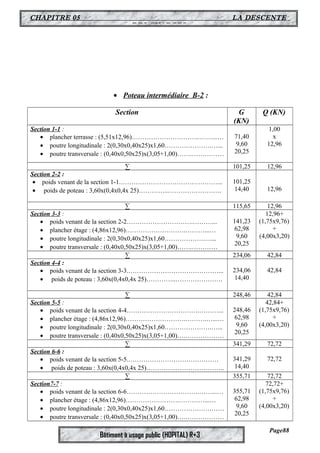 CHAPITRE 05 LA DESCENTE 
DES CHARGES 
· Poteau intermédiaire B-2 : 
Section G 
Bâtiment à usage public (HOPITAL) R+3 
(KN) 
Q (KN) 
Section 1-1 : 
· plancher terrasse : (5,51x12,96)…………………………..……...… 
· poutre longitudinale : 2(0,30x0,40x25)x1,60………………….…... 
· poutre transversale : (0,40x0,50x25)x(3,05+1,00)…….…………… 
71,40 
9,60 
20,25 
1,00 
x 
12,96 
Σ 101,25 12,96 
Section 2-2 : 
· poids venant de la section 1-1.………………………………………... 
· poids de poteau : 3,60x(0,4x0,4x 25)…………..……………………. 
101,25 
14,40 12,96 
Σ 115,65 12,96 
Section 3-3 : 
· poids venant de la section 2-2………………………….………... 
· plancher étage : (4,86x12,96)……………………….………...… 
· poutre longitudinale : 2(0,30x0,40x25)x1,60……………….…... 
· poutre transversale : (0,40x0,50x25)x(3,05+1,00)…….………… 
141,23 
62,98 
9,60 
20,25 
12,96+ 
(1,75x9,76) 
+ 
(4,00x3,20) 
Σ 234,06 42,84 
Section 4-4 : 
· poids venant de la section 3-3.……………………………………... 
· poids de poteau : 3,60x(0,4x0,4x 25)…………..…………………. 
234,06 
14,40 
42,84 
Σ 248,46 42,84 
Section 5-5 : 
· poids venant de la section 4-4…………………………….………... 
· plancher étage : (4,86x12,96)……………………….……….…...… 
· poutre longitudinale : 2(0,30x0,40x25)x1,60………………….…... 
· poutre transversale : (0,40x0,50x25)x(3,05+1,00)….……………… 
248,46 
62,98 
9,60 
20,25 
42,84+ 
(1,75x9,76) 
+ 
(4,00x3,20) 
Σ 341,29 72,72 
Section 6-6 : 
· poids venant de la section 5-5.…………………………………… 
· poids de poteau : 3,60x(0,4x0,4x 25)…………..………………….. 
341,29 
14,40 
72,72 
Σ 355,71 72,72 
Section7-7 : 
· poids venant de la section 6-6…………………………….……...… 
· plancher étage : (4,86x12,96)…………………….…………...… 
· poutre longitudinale : 2(0,30x0,40x25)x1,60………………….…… 
· poutre transversale : (0,40x0,50x25)x(3,05+1,00)….……………… 
355,71 
62,98 
9,60 
20,25 
72,72+ 
(1,75x9,76) 
+ 
(4,00x3,20) 
Page88 
 