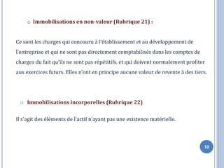 10
o Immobilisations en non-valeur (Rubrique 21) :
Ce sont les charges qui concouru à l’établissement et au développement de
l’entreprise et qui ne sont pas directement comptabilisés dans les comptes de
charges du fait qu’ils ne sont pas répétitifs, et qui doivent normalement profiter
aux exercices futurs. Elles n’ont en principe aucune valeur de revente à des tiers.
o Immobilisations incorporelles (Rubrique 22)
Il s’agit des éléments de l’actif n’ayant pas une existence matérielle.
 