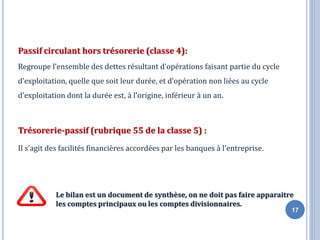 Passif circulant hors trésorerie (classe 4):
Regroupe l’ensemble des dettes résultant d’opérations faisant partie du cycle
d’exploitation, quelle que soit leur durée, et d’opération non liées au cycle
d’exploitation dont la durée est, à l’origine, inférieur à un an.
Trésorerie-passif (rubrique 55 de la classe 5) :
Il s'agit des facilités financières accordées par les banques à l'entreprise.
17
Le bilan est un document de synthèse, on ne doit pas faire apparaitre
les comptes principaux ou les comptes divisionnaires.
 