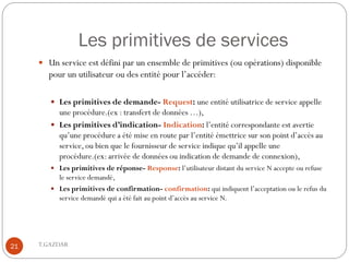 Les primitives de services
      Un service est défini par un ensemble de primitives (ou opérations) disponible
       pour un utilisateur ou des entité pour l’accéder:

         Les primitives de demande- Request: une entité utilisatrice de service appelle
          une procédure.(ex : transfert de données …),
         Les primitives d’indication- Indication: l’entité correspondante est avertie
          qu’une procédure a été mise en route par l’entité émettrice sur son point d’accès au
          service, ou bien que le fournisseur de service indique qu’il appelle une
          procédure.(ex: arrivée de données ou indication de demande de connexion),
         Les primitives de réponse- Response: l’utilisateur distant du service N accepte ou refuse
          le service demandé,
         Les primitives de confirmation- confirmation: qui indiquent l’acceptation ou le refus du
          service demandé qui a été fait au point d’accès au service N.




21   T.GAZDAR
 