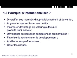 1.3 Pourquoi s’internationaliser ? Diversifier ses marchés d’approvisionnement et de vente ; Augmenter ses ventes et ses profits ; Incorporer davantage de valeur ajoutée aux  produits traditionnels ; Développer de nouvelles compétences ou mentalités ; Favoriser la recherche et le développement ; Améliorer ses performances ; Gérer les risques. © Chenelère Éducation inc.,  Commerce international, 2 e  édition. 
