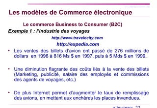 SYLLABUS | AGENDA | FIN
Les modèles de Commerce électronique
Le commerce Business to Consumer (B2C)
Exemple 1 : l’industrie des voyages
http://www.travelocity.com
http://expedia.com
• Les ventes des billets d’avion ont passé de 276 millions de
dollars en 1996 à 816 Ms $ en 1997, puis à 5 Mds $ en 1999.
• Une diminution flagrante des coûts liés à la vente des billets
(Marketing, publicité, salaire des employés et commissions
des agents de voyages, etc.)
• De plus Internet permet d’augmenter le taux de remplissage
des avions, en mettant aux enchères les places invendues.
 