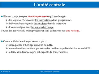 L’unité centrale
R. BESROUR Cours Architecture & µprocesseur 3
Elle est composée par le microprocesseur qui est chargé :
 d’interpréter et d’exécuter les instructions d’un programme,
 de lire ou de sauvegarder les résultats dans la mémoire,
 de communiquer avec les unités d’échange.
Toutes les activités du microprocesseur sont cadencées par une horloge.
On caractérise le microprocesseur par :
 sa fréquence d’horloge en MHz ou GHz.
 le nombre d’instructions par secondes qu’il est capable d’exécuter en MIPS.
 la taille des données qu’il est capable de traiter en bits.
 