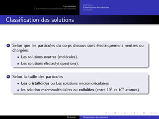 Les solutions
Caract´eristiques quantitatives des solutions
D´eﬁnition
Classiﬁcation des solutions
Exemples
Classiﬁcation des solutions
1 Selon que les particules du corps dissous sont ´electriquement neutres ou
charg´ees.
Les solutions neutres (mol´ecules).
Les solutions ´electrolytiques(ions).
2 Selon la taille des particules
Les cristallo¨ıdes ou Les solutions micromol´eculaires
les solution macromol´eculaires ou collo¨ıdes (entre 103
et 109
atomes).
N.cheriet Biophysique des solutions
 