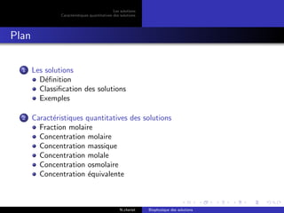 Les solutions
Caract´eristiques quantitatives des solutions
Plan
1 Les solutions
D´eﬁnition
Classiﬁcation des solutions
Exemples
2 Caract´eristiques quantitatives des solutions
Fraction molaire
Concentration molaire
Concentration massique
Concentration molale
Concentration osmolaire
Concentration ´equivalente
N.cheriet Biophysique des solutions
 