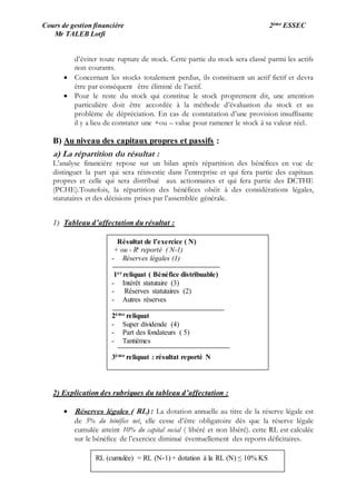 Cours de gestion financière 2ème ESSEC
Mr TALEB Lotfi
d’éviter toute rupture de stock. Cette partie du stock sera classé parmi les actifs
non courants.
 Concernant les stocks totalement perdus, ils constituent un actif fictif et devra
être par conséquent être éliminé de l’actif.
 Pour le reste du stock qui constitue le stock proprement dit, une attention
particulière doit être accordée à la méthode d’évaluation du stock et au
problème de dépréciation. En cas de constatation d’une provision insuffisante
il y a lieu de constater une +ou – value pour ramener le stock à sa valeur réel.
B) Au niveau des capitaux propres et passifs :
a) La répartition du résultat :
L’analyse financière repose sur un bilan après répartition des bénéfices en vue de
distinguer la part qui sera réinvestie dans l’entreprise et qui fera partie des capitaux
propres et celle qui sera distribué aux actionnaires et qui fera partie des DCTHE
(PCHE).Toutefois, la répartition des bénéfices obéit à des considérations légales,
statutaires et des décisions prises par l’assemblée générale.
1) Tableau d’affectation du résultat :
2) Explication des rubriques du tableau d’affectation :
 Réserves légales ( RL) : La dotation annuelle au titre de la réserve légale est
de 5% du bénéfice net, elle cesse d’être obligatoire dès que la réserve légale
cumulée atteint 10% du capital social ( libéré et non libéré). cette RL est calculée
sur le bénéfice de l’exercice diminué éventuellement des reports déficitaires.
Résultat de l’exercice ( N)
+ ou - Rt reporté ( N-1)
- Réserves légales (1)
1er reliquat ( Bénéfice distribuable)
- Intérêt statutaire (3)
- Réserves statutaires (2)
- Autres réserves
2ème reliquat
- Super dividende (4)
- Part des fondateurs ( 5)
- Tantièmes
3ème reliquat : résultat reporté N
RL (cumulée) = RL (N-1) + dotation à la RL (N) ≤ 10% KS
 