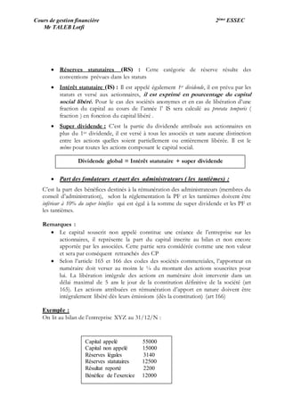 Cours de gestion financière 2ème ESSEC
Mr TALEB Lotfi
 Réserves statutaires (RS) : Cette catégorie de réserve résulte des
conventions prévues dans les statuts
 Intérêt statutaire (IS) : Il est appelé également 1er dividende, il est prévu par les
statuts et versé aux actionnaires, il est exprimé en pourcentage du capital
social libéré. Pour le cas des sociétés anonymes et en cas de libération d’une
fraction du capital au cours de l’année l’ IS sera calculé au prorata temporis (
fraction ) en fonction du capital libéré .
 Super dividende : C’est la partie du dividende attribuée aux actionnaires en
plus du 1er dividende, il est versé à tous les associés et sans aucune distinction
entre les actions quelles soient partiellement ou entièrement libérée. Il est le
même pour toutes les actions composant le capital social.
 Part des fondateurs et part des administrateurs ( les tantièmes) :
C’est la part des bénéfices destinés à la rémunération des administrateurs (membres du
conseil d’administration), selon la réglementation la PF et les tantièmes doivent être
inférieur à 10% du super bénéfice qui est égal à la somme de super dividende et les PF et
les tantièmes.
Remarques :
 Le capital souscrit non appelé constitue une créance de l’entreprise sur les
actionnaires, il représente la part du capital inscrite au bilan et non encore
apportée par les associées. Cette partie sera considérée comme une non valeur
et sera par conséquent retranchés des CP
 Selon l’article 165 et 166 des codes des sociétés commerciales, l’apporteur en
numéraire doit verser au moins le ¼ du montant des actions souscrites pour
lui. La libération intégrale des actions en numéraire doit intervenir dans un
délai maximal de 5 ans le jour de la constitution définitive de la société (art
165). Les actions attribuées en rémunération d’apport en nature doivent être
intégralement libéré dès leurs émissions (dès la constitution) (art 166)
Exemple :
On lit au bilan de l’entreprise XYZ au 31/12/N :
Dividende global = Intérêt statutaire + super dividende
Capital appelé 55000
Capital non appelé 15000
Réserves légales 3140
Réserves statutaires 12500
Résultat reporté 2200
Bénéfice de l’exercice 12000
 