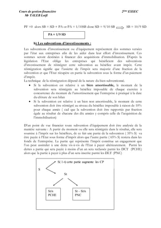 Cours de gestion financière 2ème ESSEC
Mr TALEB Lotfi
PF =0 alors SB = SD + PA or PA = 1/10SB donc SD = 9/10 SB SB = 10/9 SD
b) Les subventions d’investissements :
Les subventions d’investissement ou d’équipement représentent des sommes versées
par l’état aux entreprises afin de les aider dans leur effort d’investissement. Ces
sommes seront destinées à financer des acquisitions d’immobilisation. D’après la
législation l’Etat oblige les entreprises qui bénéficient des subventions
d’investissement de réintégrer cette subvention au bénéfice avant impôt. Cette
réintégration signifie que l’assiette de l’impôt sera majorée d’une fraction de la
subvention et que l’Etat récupère en partie la subvention sous la forme d’un paiement
d’impôt.
La technique de la réintégration dépend de la nature du bien subventionné.
 Si la subvention est relative à un bien amortissable, le montant de la
subvention sera réintégrée au bénéfice imposable de chaque exercice à
concurrence du montant de l’amortissement que l’entreprise à pratiqué à la date
du clôture de son bilan
 Si la subvention est relative à un bien non amortissable, le montant de cette
subvention doit être réintégré au niveau du bénéfice imposable à raison de 10%
pour chaque année ( cad que la subvention doit être rapportée par fraction
égale au résultat de chacune des dix années y compris celle de l’acquisition de
l’immobilisation)
D’un point de vue financier toute subvention d’équipement doit être analysée de la
manière suivante : A partir du moment ou elle sera réintégrée dans le résultat, elle sera
soumise à l’impôt sur les bénéfices, de ce fait une partie de la subvention ( 35% S) va
être payée à l’Etat sous forme d’impôt alors que l’autre partie ( 65% S) restera dans les
fonds de l’entreprise. La partie qui représente l’impôt constitue un engagement que
l’on peut assimiler à une dette vis-à-vis de l’Etat à payer ultérieurement. Parmi les
dettes a partie qui sera payée à moins d’un an sera reclassée parmi les DCT (PCHE)
alors que la partie à payer à plus d’un sera inscrite parmi les DLT (PNC)
S
S( 1-t) cette partie augmente les CP
St
St/n
PCHE
St – St/n
PNC
PA = 1/9 SD
 